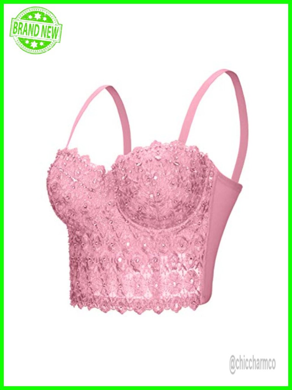Lace Rhinestone Bustier Corset Top with Underwire and Plastic Boning
